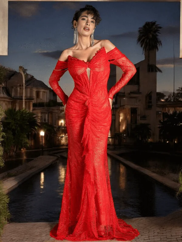 Long Sleeve Draped Lace Maxi Dress Red Comfortable Fitted Maxi Dress