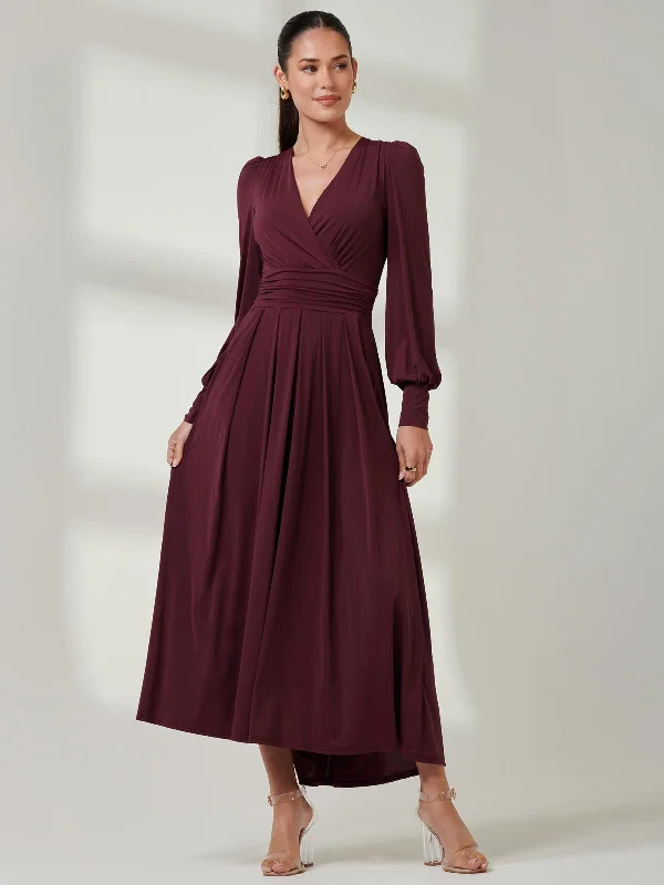 Long Sleeve Soft Silky Jersey Maxi Dress, Burgundy Trendy A-Line Maxi Dress