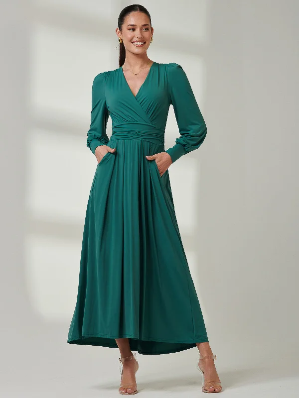 Long Sleeve Super Soft Jersey Maxi Dress, Peacock Green Trendy A-Line Maxi Dress