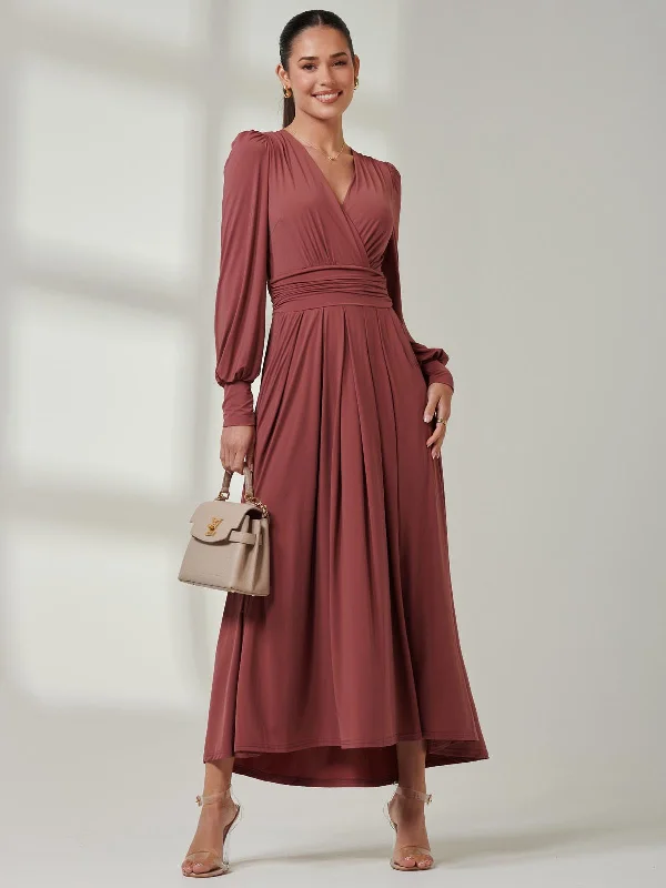 Long Sleeve Super Soft Jersey Maxi Dress, Rusty Red Fashionable Faux Wrap Maxi Dress