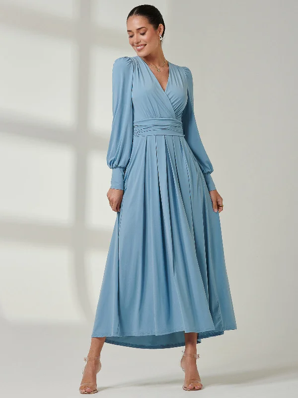 Long Sleeve Super Soft Jersey Maxi Dress, Dolphine Blue Comfortable Long-Sleeve Maxi Dress