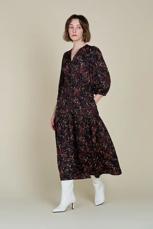 Merlot Floral Peasant Tiered Maxi Dress Classic Black Maxi Dress