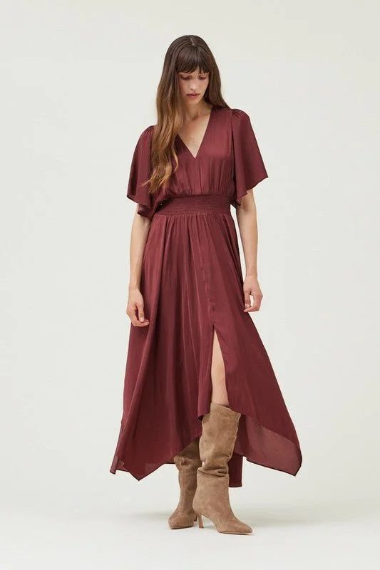 Merlot Satin Drape Maxi Dress Fashionable Open-Back Maxi Dress