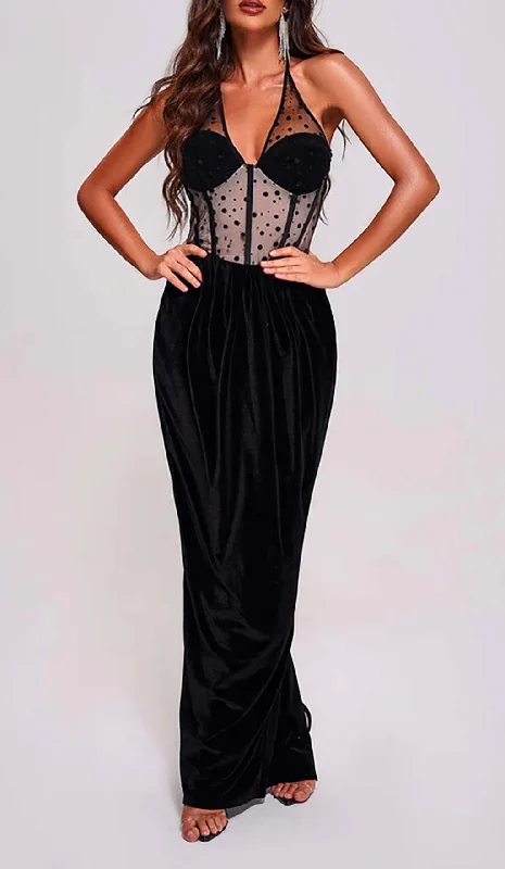 MESH VELVET MAXI DRESS IN BLACK Trendy Maxi Dress with Belt