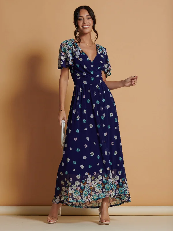 Mirrored Angel Sleeve Mesh Maxi Dress, Blue Floral Stylish Maxi Dress with Frills