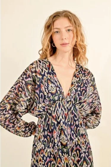 Navy Ikat Batwing Maxi Dress Stylish Maxi Dress with Frills