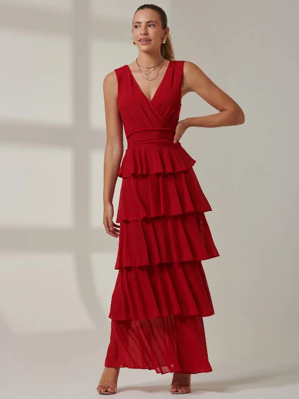 Plain Tiered Mesh Maxi Dress, Red Fashionable Printed Maxi Dress