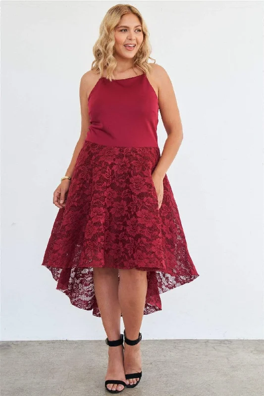 Plus Size Cabernet Square Neckline High-Low Floral Lace Maxi Dress Trendy Short Sleeve Maxi Dress