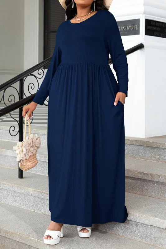 Plus Size Round Neck Long Sleeve Maxi Dress with Pockets Stylish One-Shoulder Maxi Dress