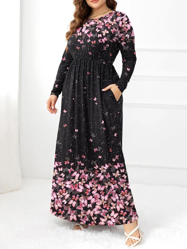 Plus Size Round Neck Maxi Dress with Pockets Fashionable Sheer Maxi Dress