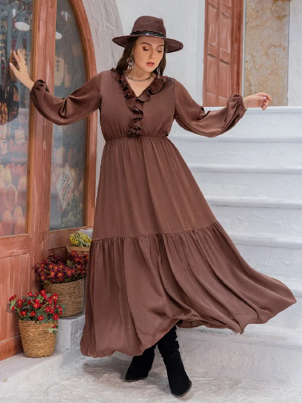Plus Size V-Neck Ruffle Trim Maxi Dress Cozy Cold-Shoulder Maxi Dress