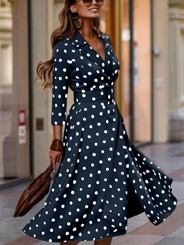 Polka Dot Turndown Collar Belted Maxi Dress Elegant Maxi Dress with Pockets