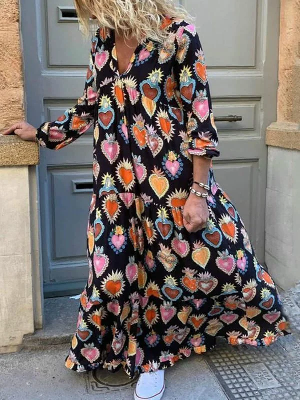 Red Sweet Boho Elegant Plus Size 5XL Party Summer Women Long Dresses Casual Heart Print Vintage Female Chic Retro Maxi Dress Comfortable Fitted Maxi Dress