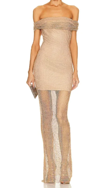 RHINESTONE OFF SHOULDER FISHNET MAXI DRESS IN BROWN Elegant Lace-Up Maxi Dress