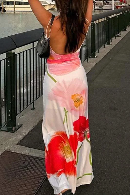 ROSE FLORAL PRINT CAMI MAXI DRESS Stylish Maxi Dress with Pleats