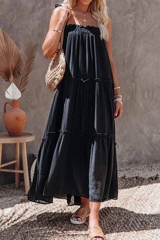 RUCHED A LINE LOOSE MAXI DRESS Comfortable Pleated Maxi Dress