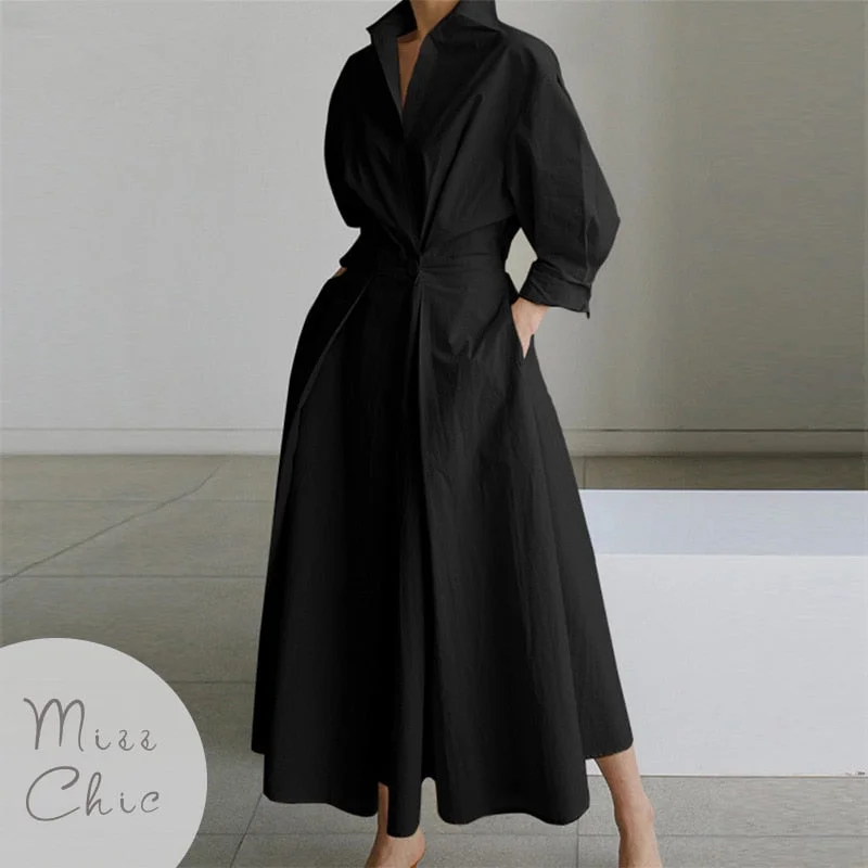 S-5XL Korean Fashion Long Sleeve Shirt Dress Chic Turndown Neck Ruched Maxi Dress Women  Autumn Winter Clothes Streetwear Trendy Maxi Dress with Straps