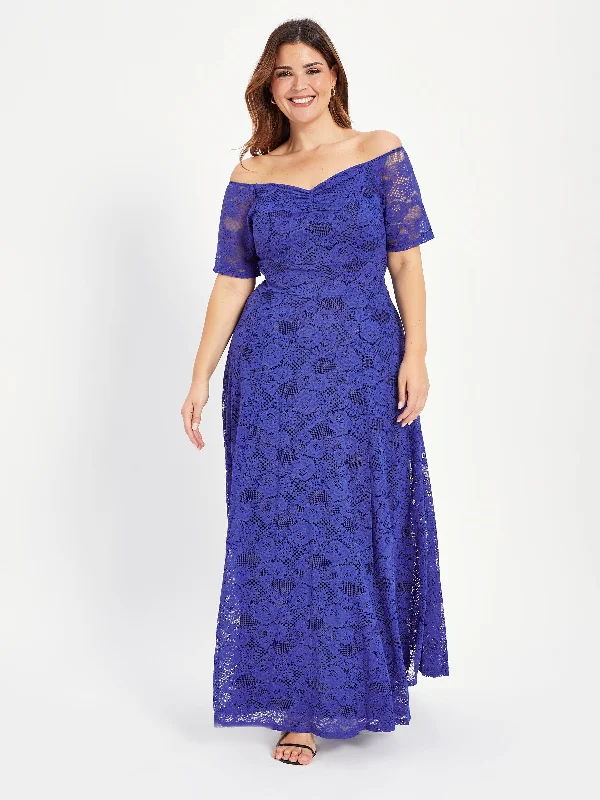 Samantha Blue Lace On or Off The Shoulder Sweetheart Maxi Dress Comfortable Fitted Maxi Dress