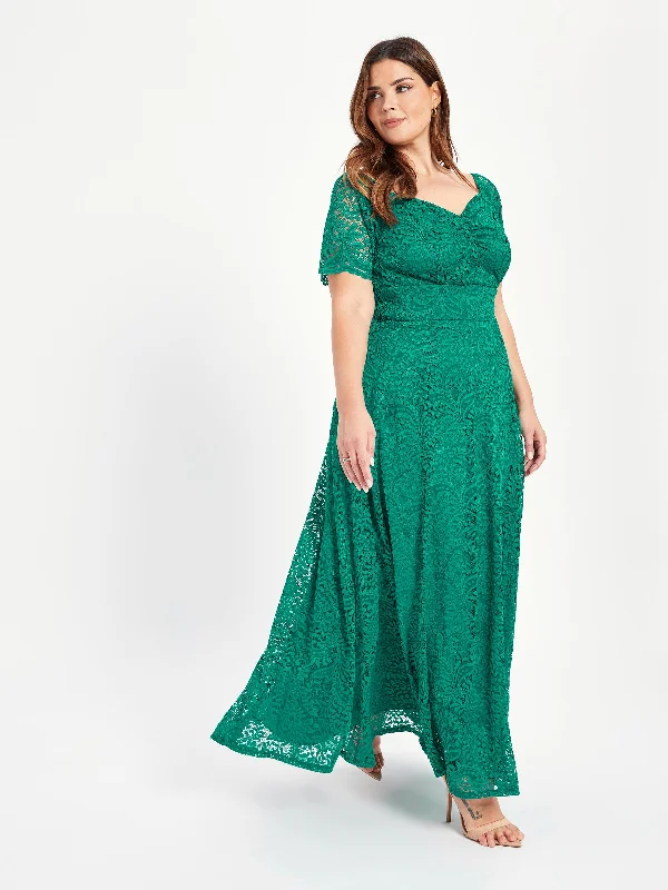 Samantha Green Lace On or Off The Shoulder Sweetheart Maxi Dress Cozy Spaghetti Strap Maxi Dress