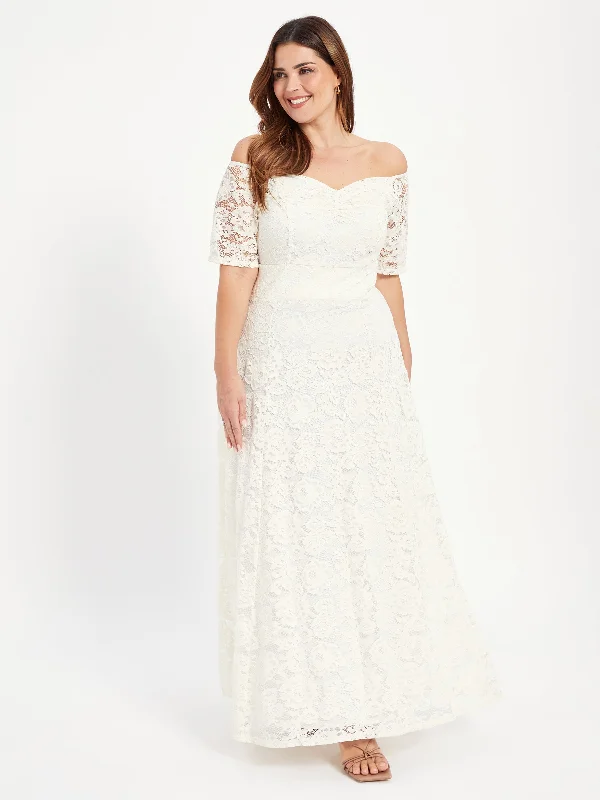 Samantha Cream Lace On or Off The Shoulder Sweetheart Maxi Dress Stylish One-Shoulder Maxi Dress