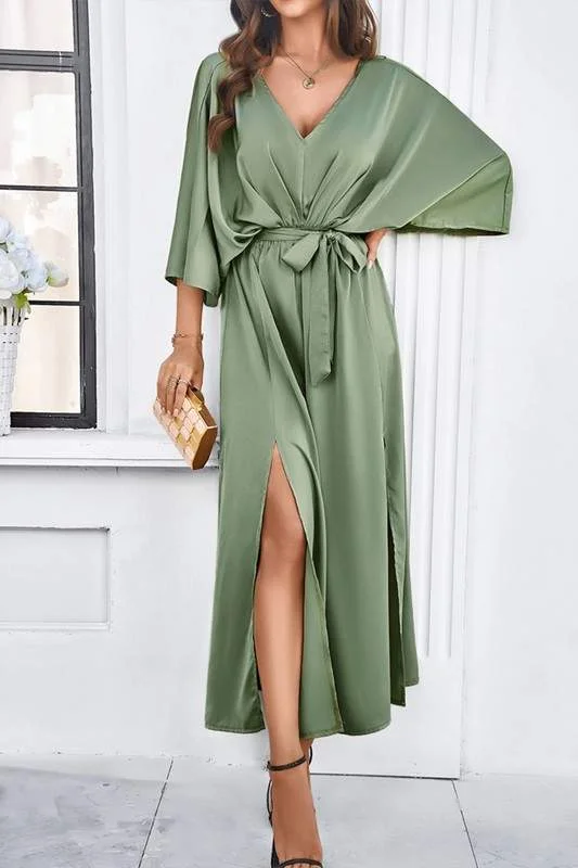 SATIN V NECK MAXI DRESS Trendy Fit-and-Flare Maxi Dress