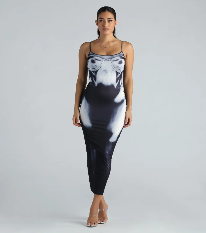 See Through Me X-Ray Graphic Maxi Dress Comfortable Satin Maxi Dress