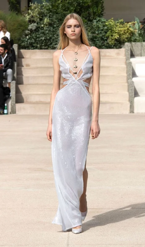 SEQUIN DEEP V CUTOUT MAXI DRESS IN WHITE Elegant Wraparound Maxi Dress