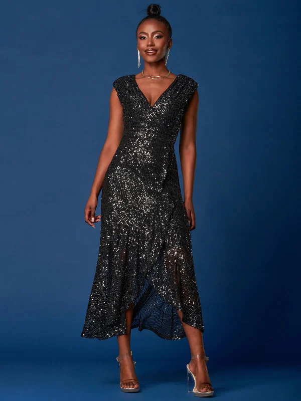 Sequin Wrap Ruffle Hem Maxi Dress, Black Silver Fashionable Sheer Maxi Dress