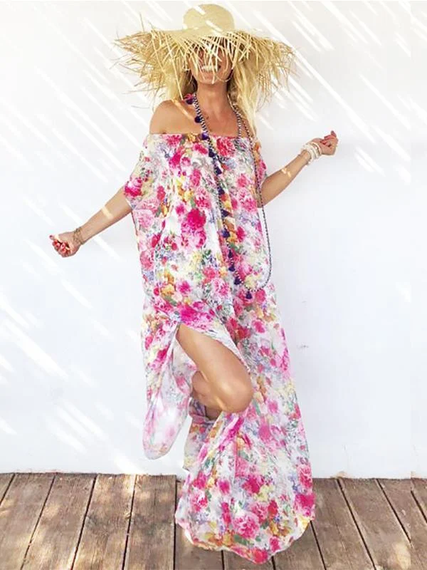 Sexy Off-the-shoulder Split Beach Maxi Dress Trendy Fit-and-Flare Maxi Dress