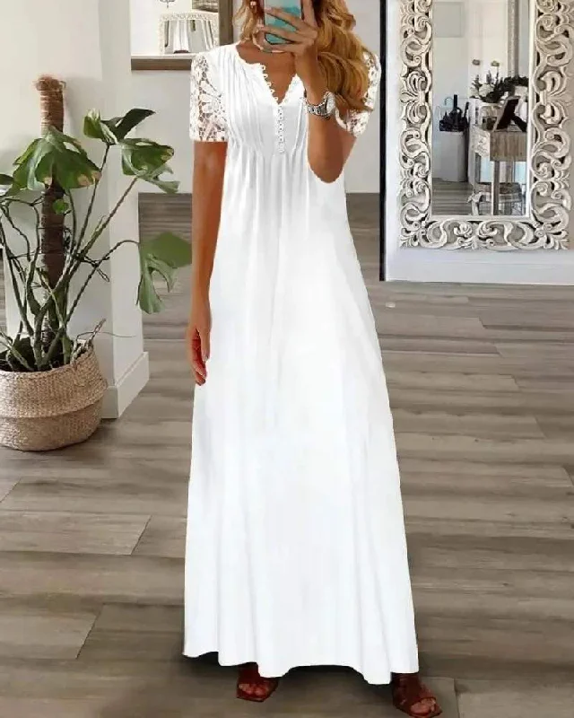SHORT SLEEVE LACE PATCH MAXI DRESS Elegant Pleated Maxi Dress