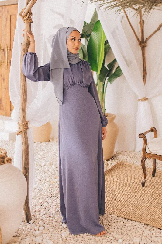 Sireen Textured Maxi Dress- Dusty Blue Fashionable Open-Back Maxi Dress
