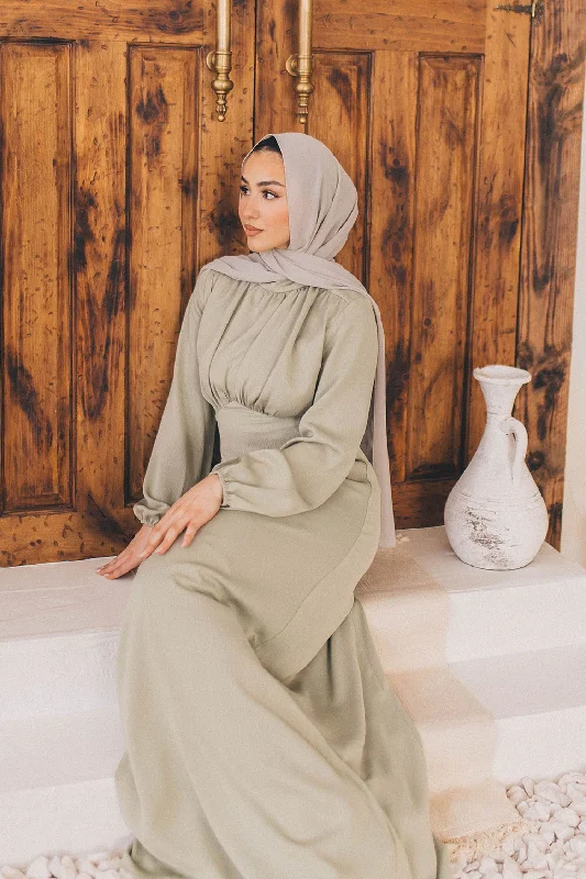 Sireen Textured Maxi Dress- Light Sage Comfortable Maxi Dress with Sleeves