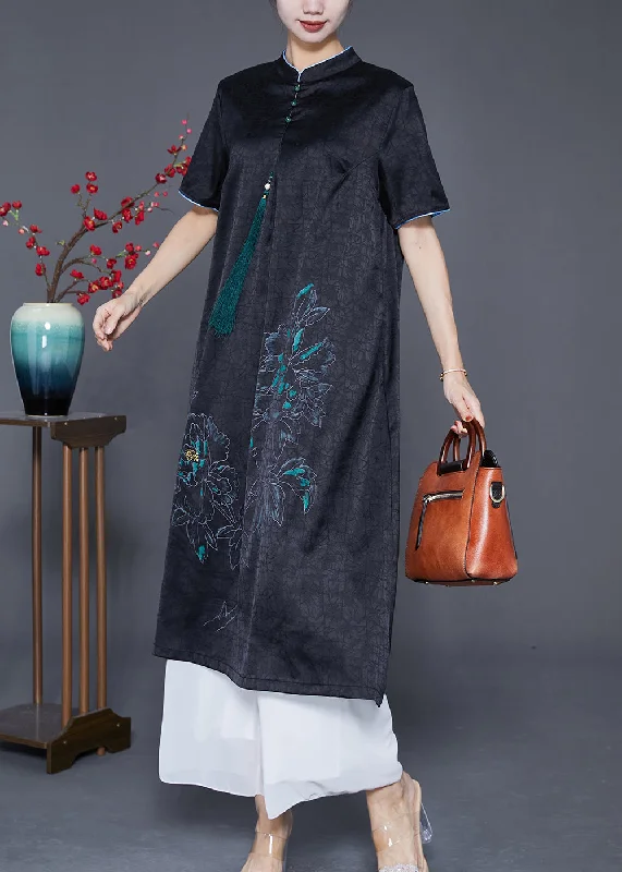 Slim Fit Black Stand Collar Print Tassel Silk Maxi Dress Summer Elegant Maxi Dress with Drapes