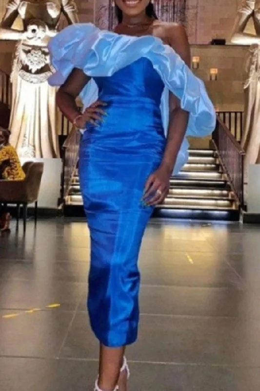 Solid Color Bright Ruffle Maxi Dress Trendy Fit-and-Flare Maxi Dress