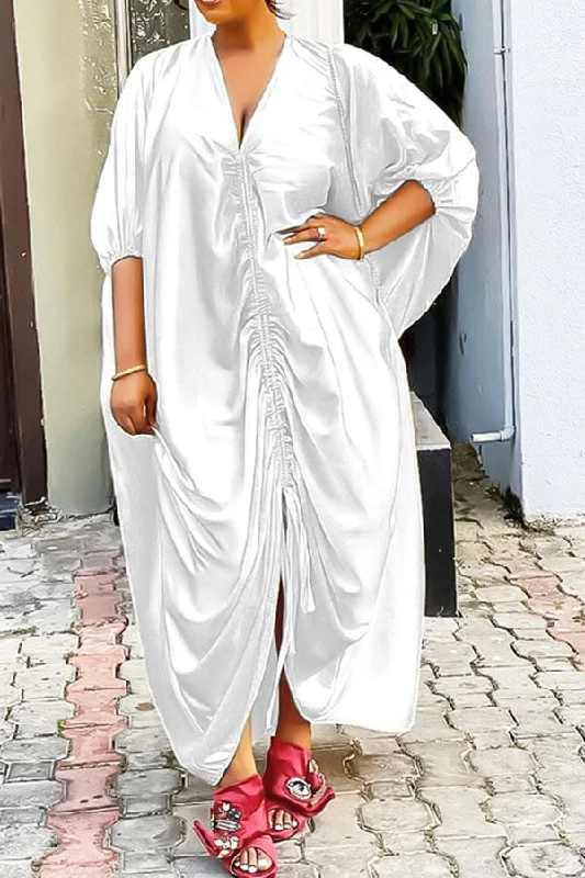 Solid Color Casual Drawstring Maxi Dress Comfortable Maxi Dress with Sleeves