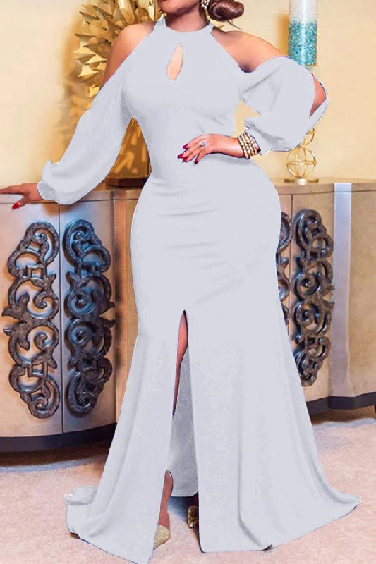Solid Color Cold Shoulder Party High Split Maxi Dress Comfortable Pleated Maxi Dress