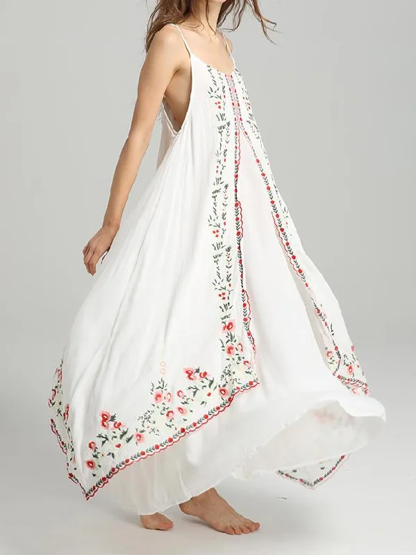 Spaghetti Strap Print Embroidered Bohemia Beach Maxi Dress Trendy Maxi Dress with Straps