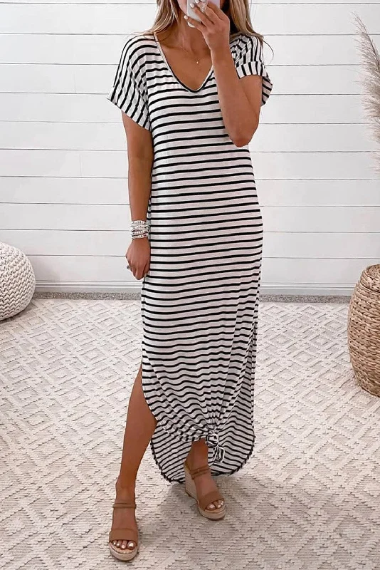 Striped Print Side Split Short Sleeve V Neck Maxi Dress Trendy A-Line Maxi Dress