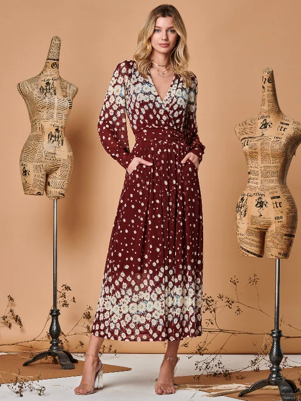 Symmetrical Print Mesh Maxi Dress, Burgundy Multi Elegant Floral Maxi Dress