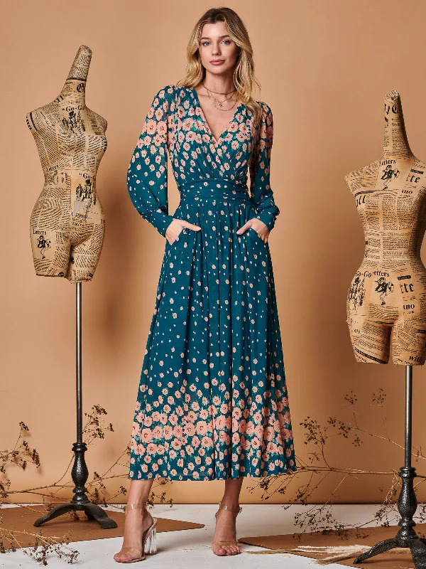 Symmetrical Print Mesh Maxi Dress, Navy Floral Fashionable High-Waist Maxi Dress