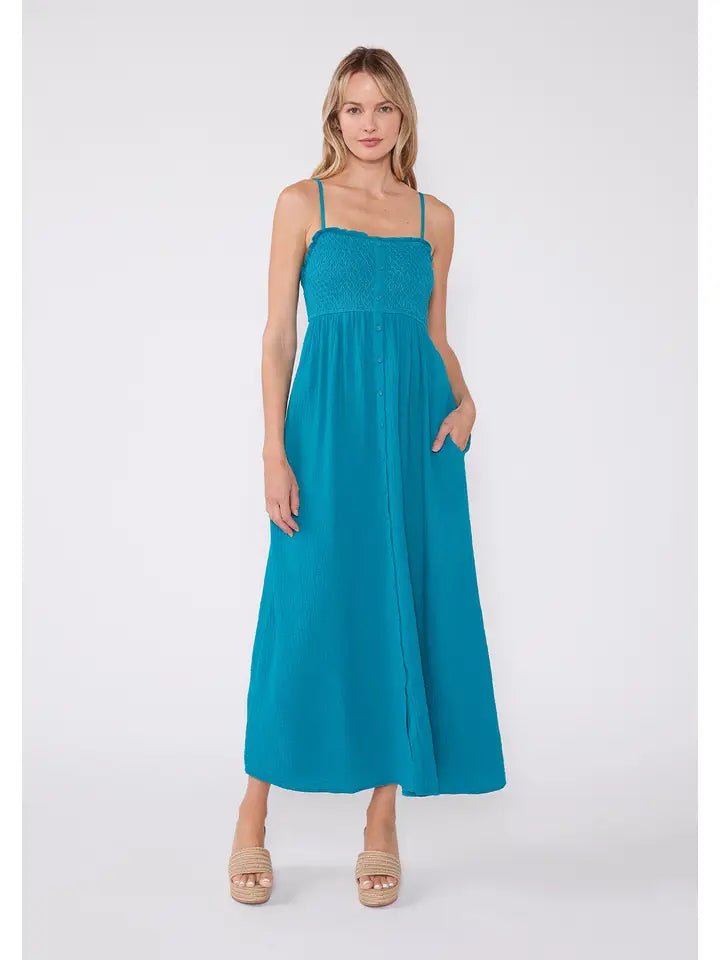 Teal Cotton Smocked Maxi Dress Elegant Pleated Maxi Dress