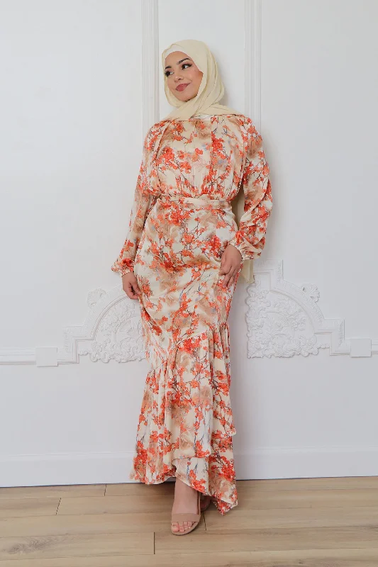 Thalia Satin Floral Chiffon Maxi Dress- Muted Peach Classic Black Maxi Dress