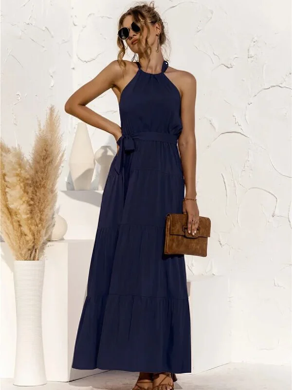 Tie Waist Round-Neck Spaghetti Strap Backless Maxi Dress Classic Solid Maxi Dress