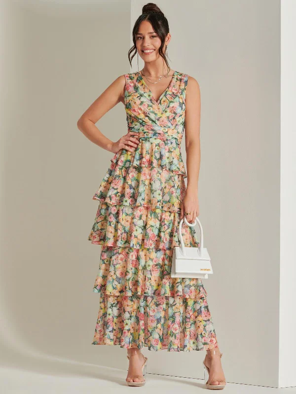 Tiered Hem Mesh Maxi Dress, Yellow Multi Cozy Longline Maxi Dress