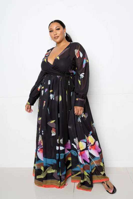 Tropical Print Maxi Dress Comfortable Satin Maxi Dress