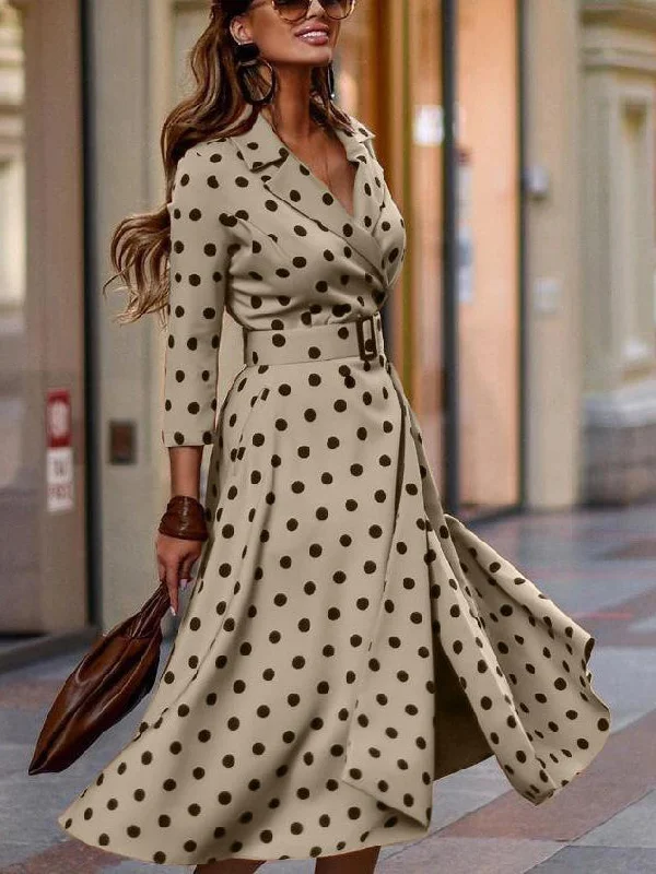 Waist Belted Collar Polka Dot Maxi Dress Classic Black Maxi Dress
