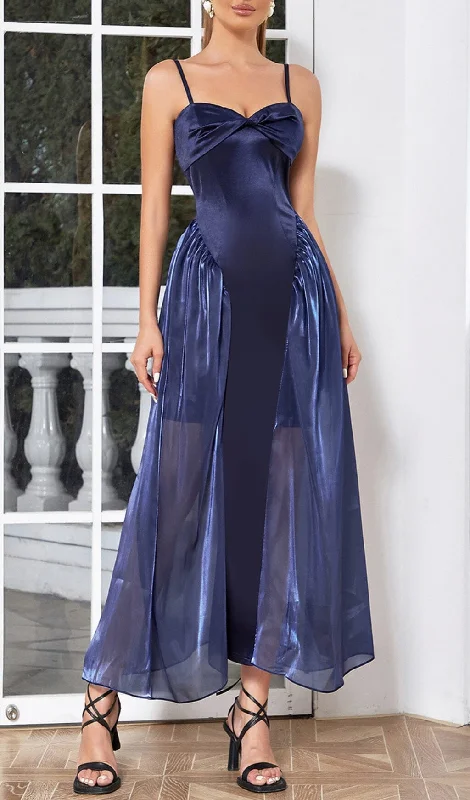 WAIST-TIGHTENING MESH MAXI DRESS IN ROYAL BLUE Trendy Floral Print Maxi Dress