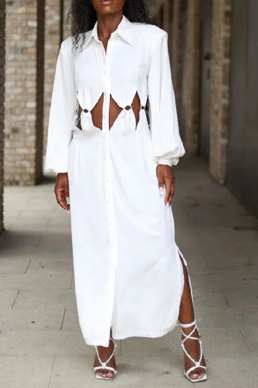 White Modern Rhombus Hollow-Out O-Ring Design Maxi Dress Fashionable Open-Back Maxi Dress