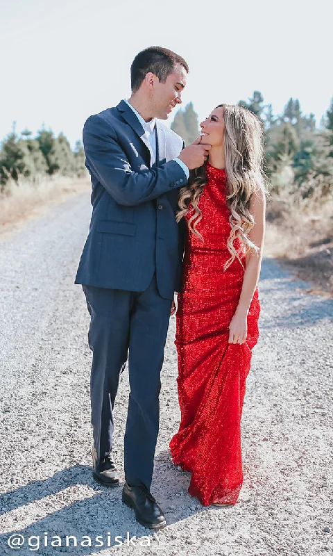 Winning Hearts Red Sequin Sleeveless Mock Neck Halter Mermaid Maxi Dress Evening Gown Cozy Maxi Dress with Slit