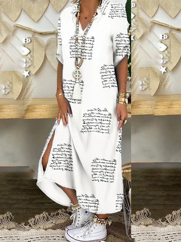 Women's Dresses Loose Printed Split Shirt Maxi Dress Trendy Maxi Dress with Bow